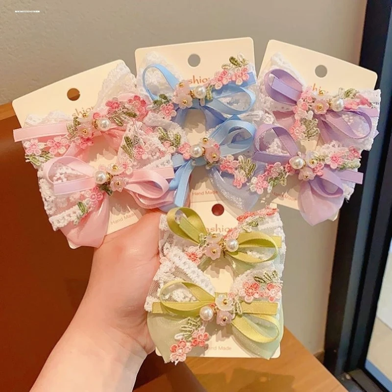 

2PCS/Set Cute Flower Embroidery Bow Hair Clips for Baby Girl Sweet Bowknot Duck Tongue Clips Kids Barrettes Fairy Headdress