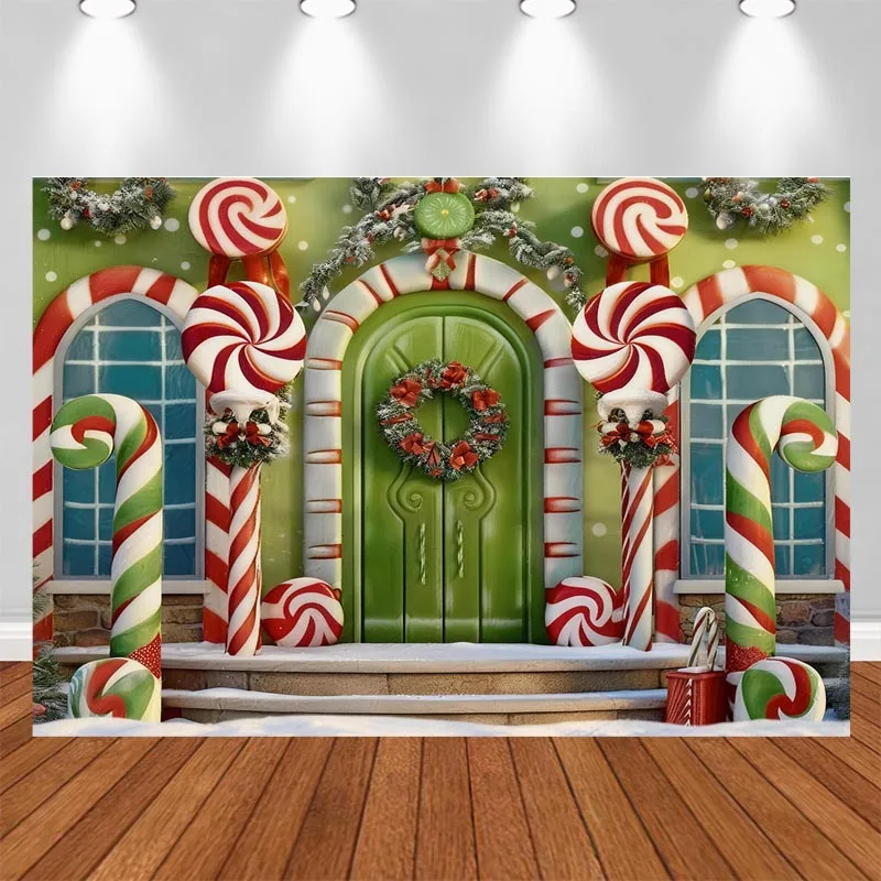 LS Cute Green Red Whimsical Christmas Candy Cottage Photo Backdrop Winter Kids Portrait Holiday Studio Photography Background