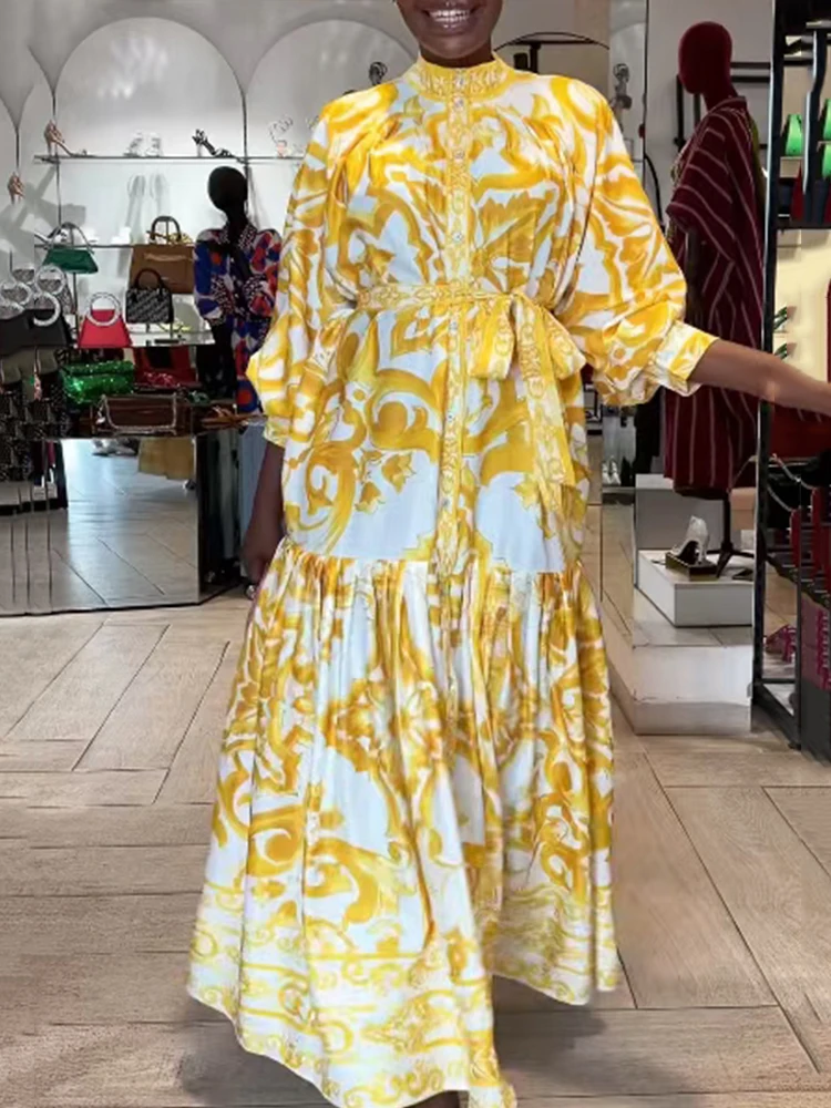 

Retro geometric printed lace up waist dress, 2025 autumn women's shirt skirt, loose and pleated wide, relaxed and fluffy skirt