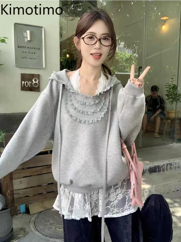 Kimotimo Grey Hoodies Women Autumn Winter Sweet Ruffles Loose Sweatshirts Korean Fashion Hooded Pullover Sudaderas Para Mujer