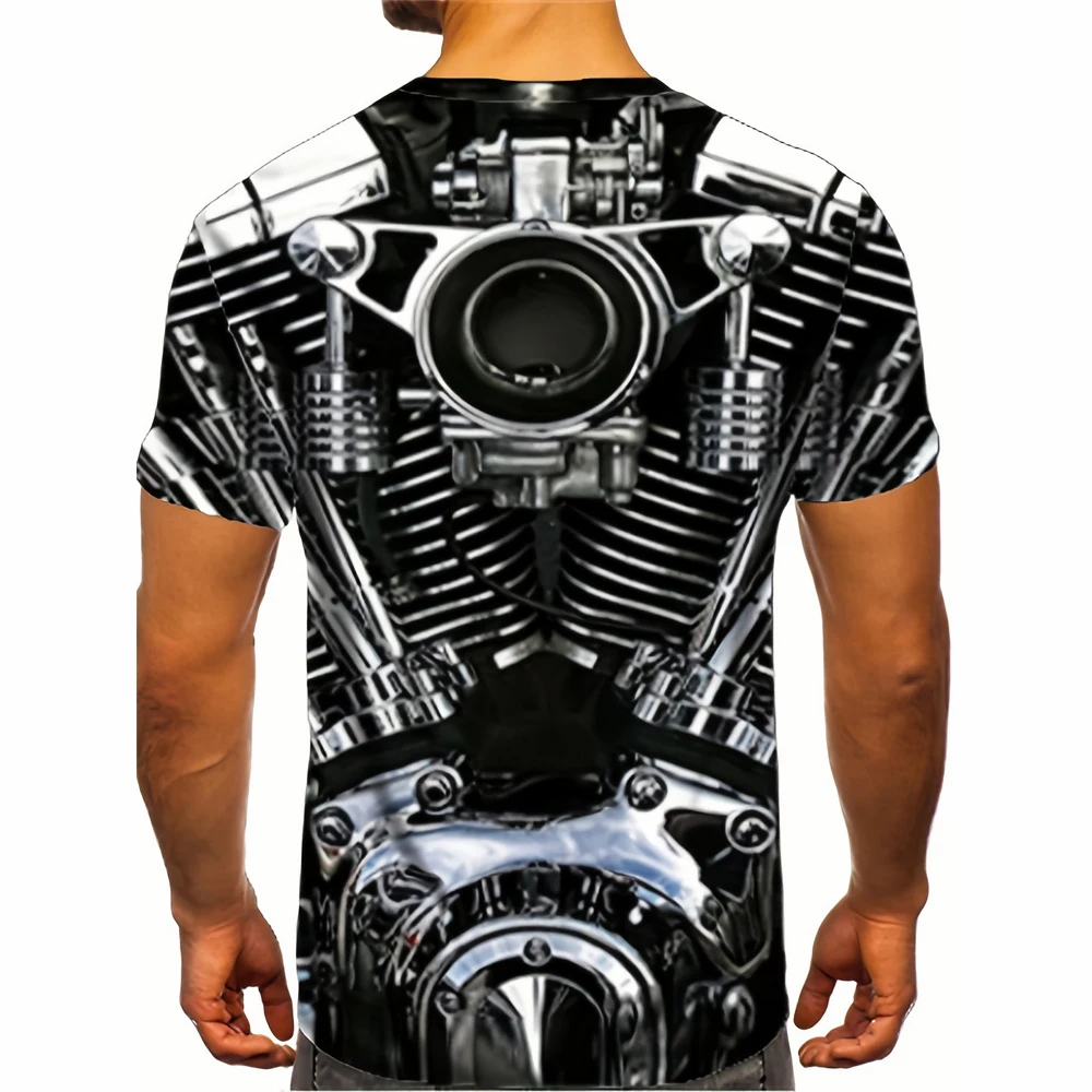 Retro T-Shirts for Men 3D Car Engine Print Men\'s Clothing Street Designer Short Sleeved Loose Oversized T-Shirt Graphic Tees Y2k