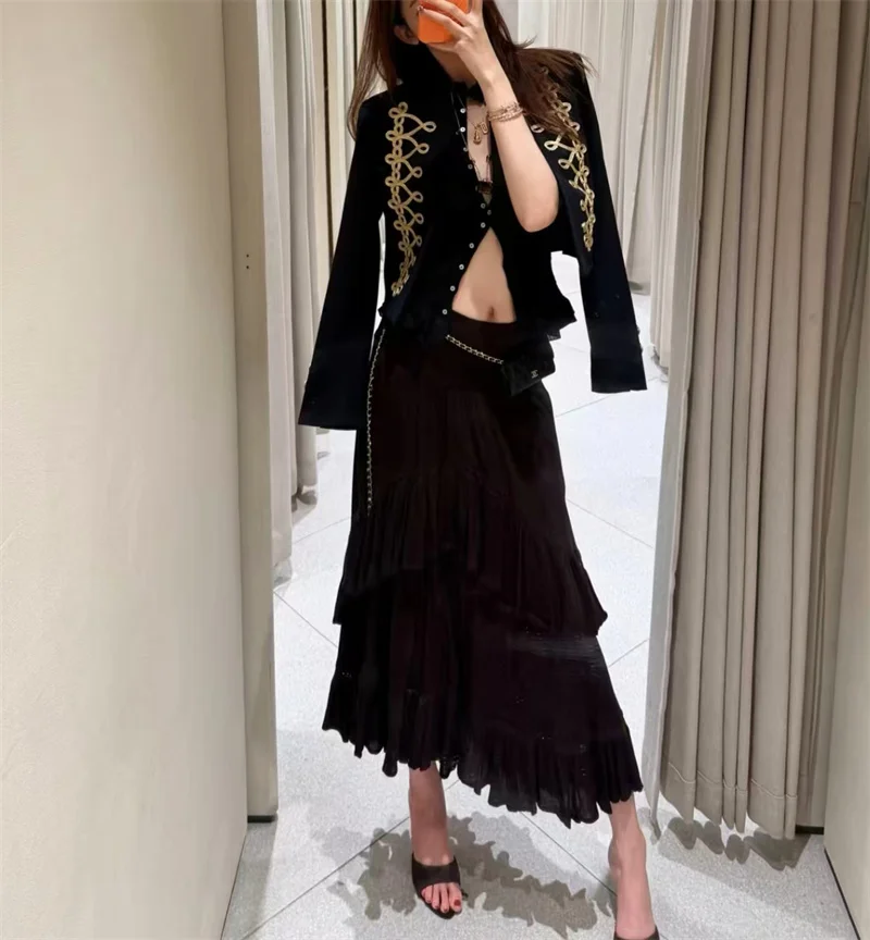 Guobioziy Women's Jacket 2026 Fall New Navy Blue Rope Knot Button Decorative Napoleon Knight Coat Jacket Parka Blazer Stylish