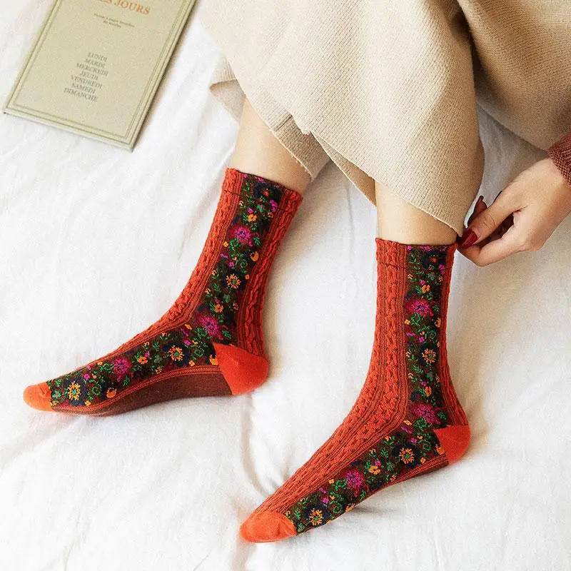 الشتاء النساء زهرة الجوارب القطنية خمر لوليتا الجوارب البيضاء للفتيات منتصف جوارب أنبوبية Harajuku الكورية نمط #3