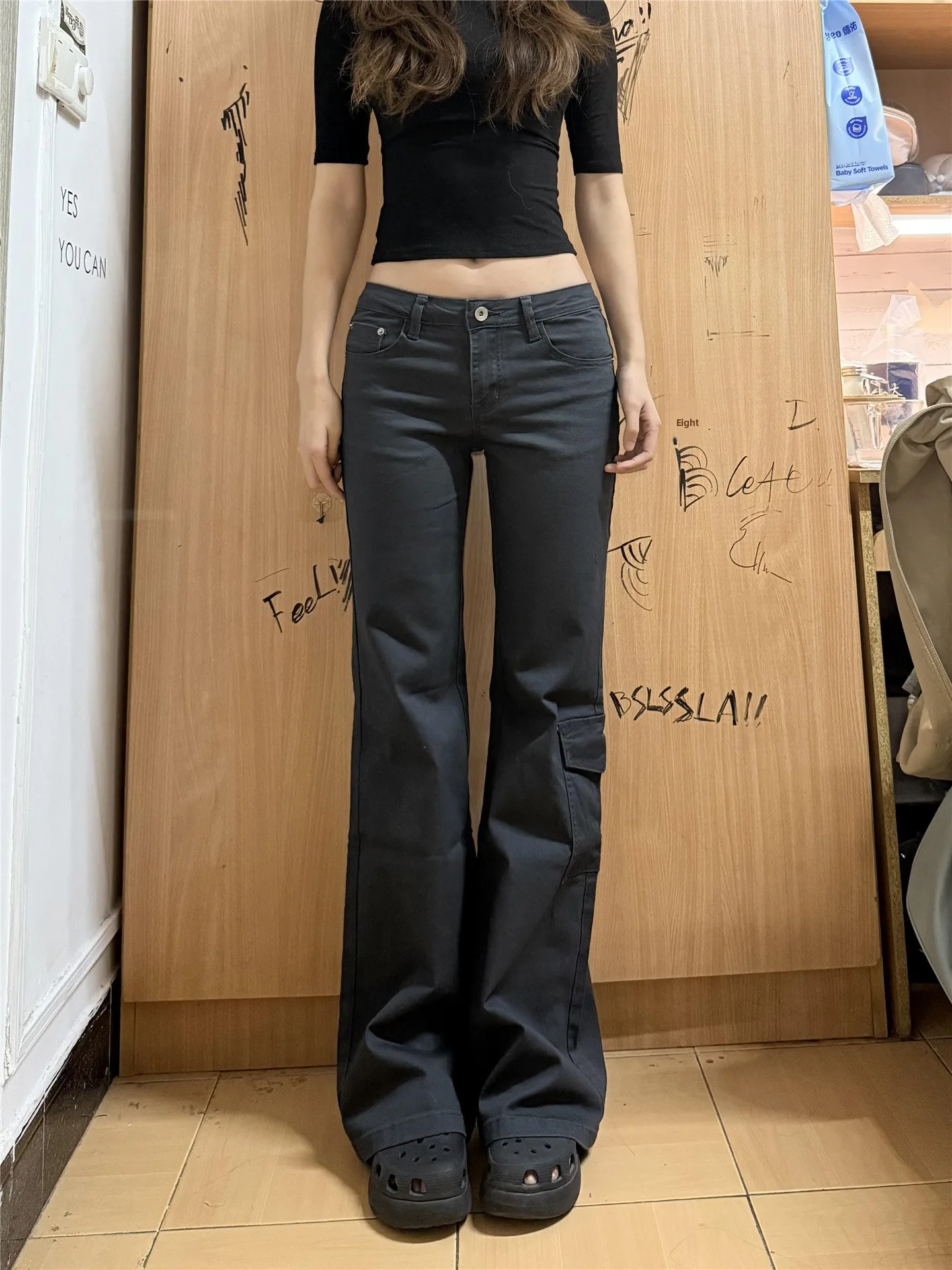 

Extended Length Workwear Denim Jeans Low Waist Bootcut Multi Pocket Trendy Women's Slimming Spring Cotton Casual Pants