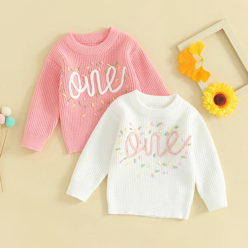 FOCUSNORM 0-18M Autumn Winter Baby Girls First Birthday Sweater Long Sleeve Letter Embroidery Ribbed Knit Pullover Sweater