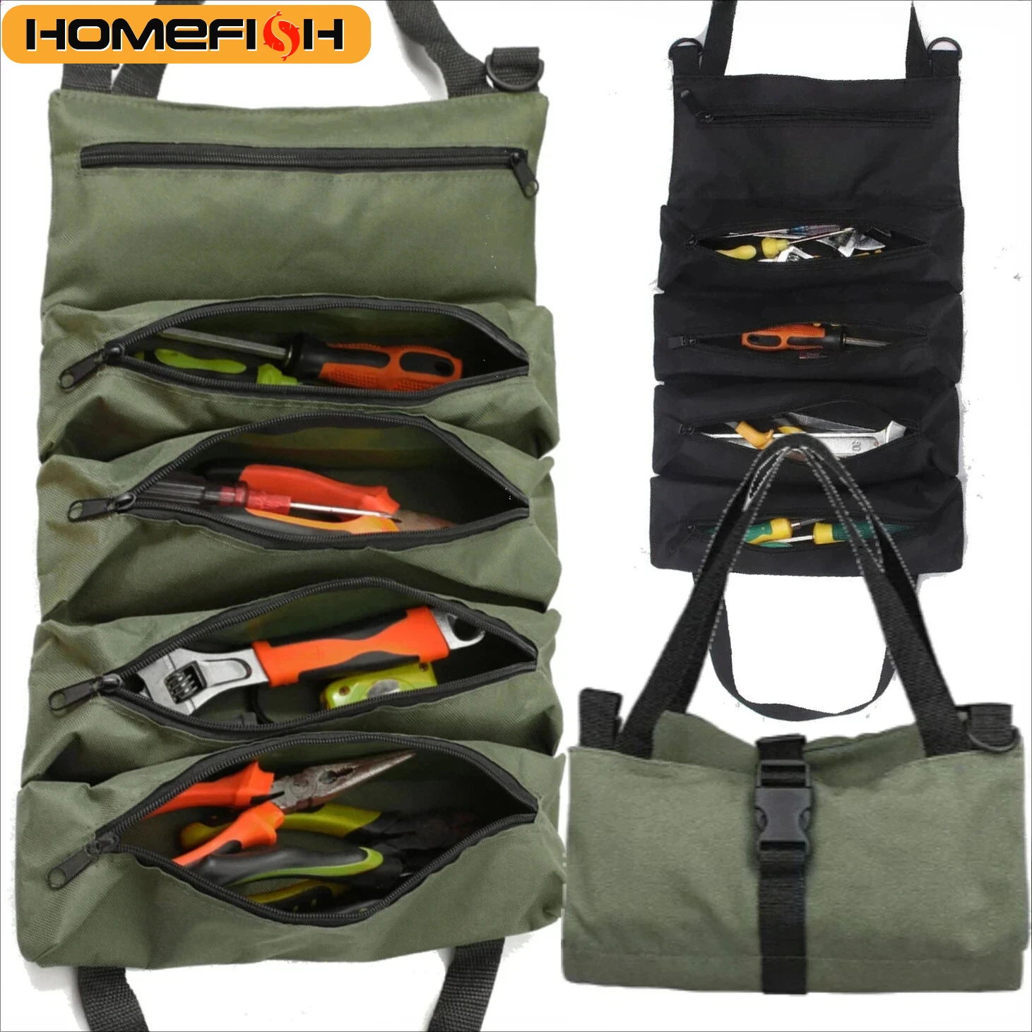 Sac à outils enroulable robuste-organisateur multi-outils en tissu Oxford rangement de garage tout-en-un pour mécaniciens/électriciens/charpentier