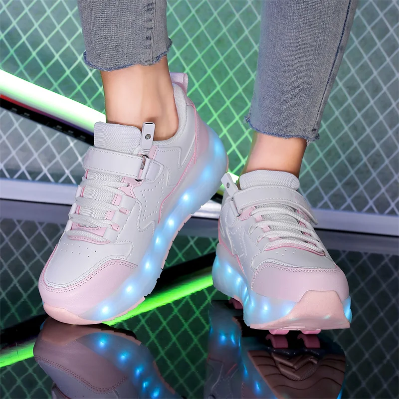 Dziecięce buty do jazdy na rolkach na 4 koła Trend Dziewczęce migające buty z chowaną diodą LED Dziecięce dwufunkcyjne trampki na co dzień