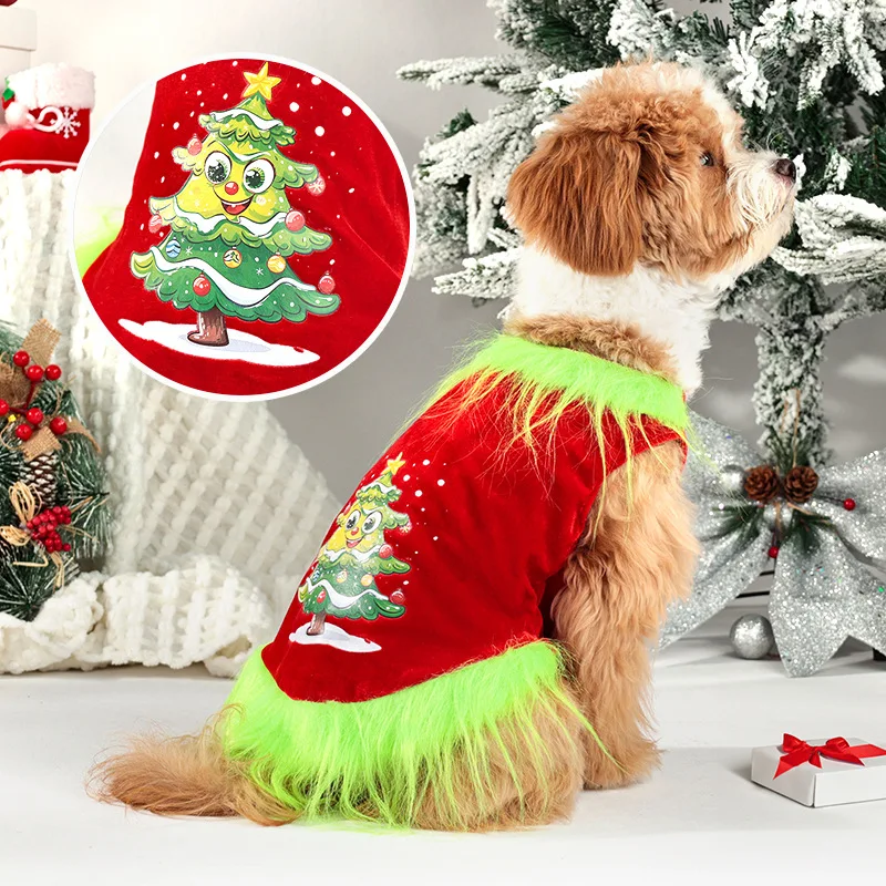 Weihnachtsbaum-Hundeweste mit pelzigem Rand, samtwarmes Urlaubsshirt, rot/grün, lustige Fransen, Größen S–XL für kleine und mittelgroße Hunde