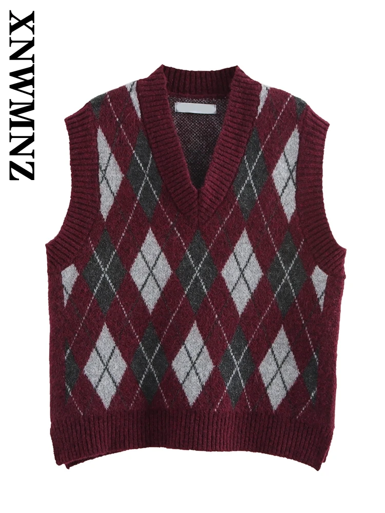 XNWMNZ 2024 Autumn New Woman Retro V-Collar Knit Top Sweater Casual Woman's Sleeveless Gilet Regular Fit Vest Print Jumper Plaid