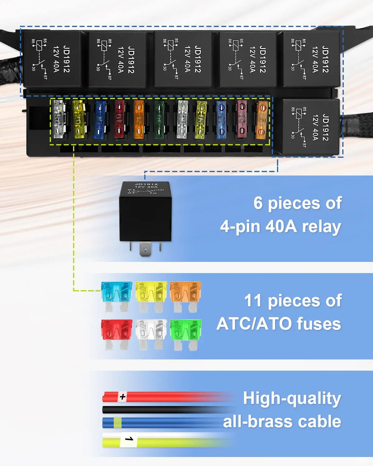 11 Way Relay 12V Automotive Fuse Blocks Relay Box with 12 AWG Pre-Wired Waterproof Fuse Box, ATC/ATO Blade Fuse for Auto Car