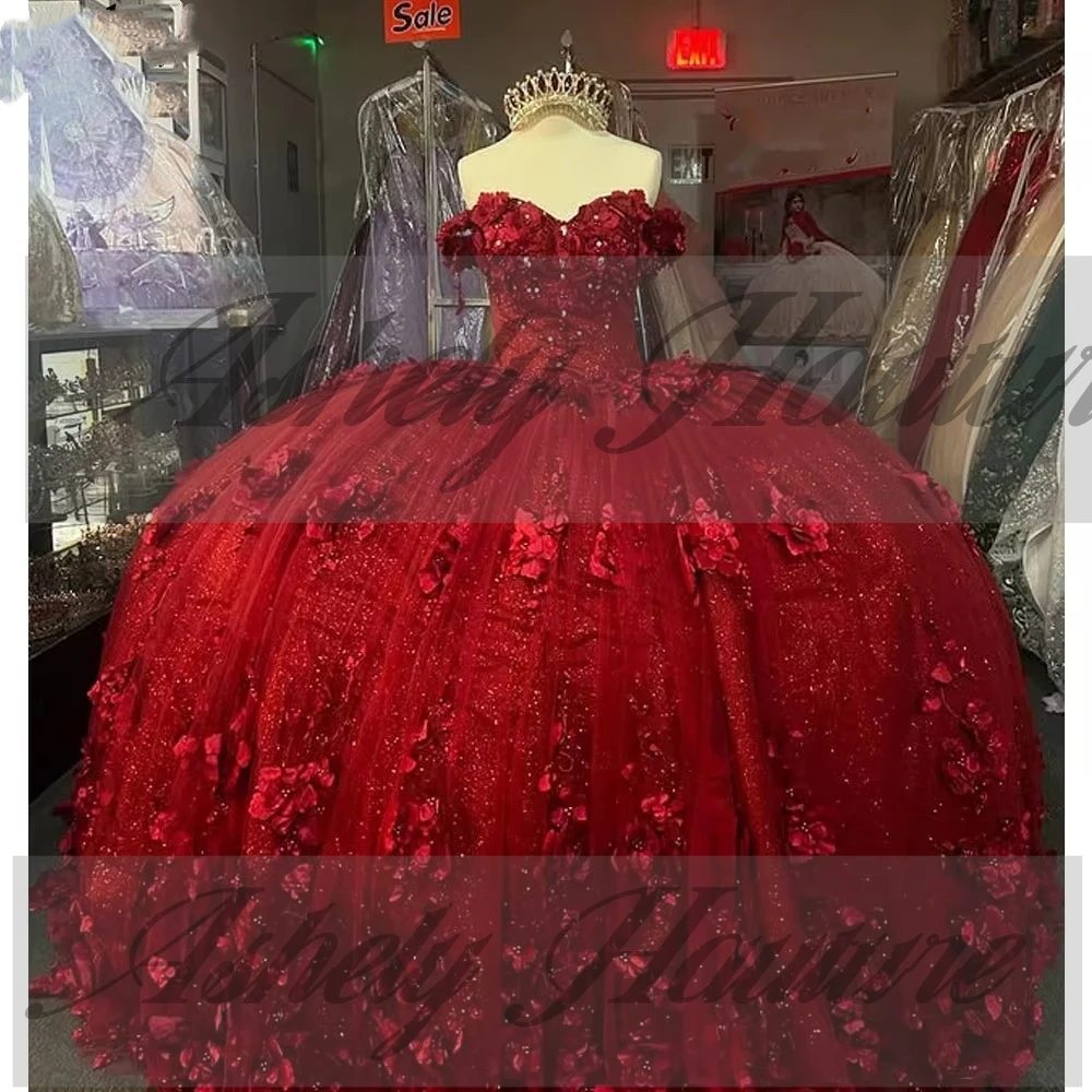 Robes de Quinceanera bordeaux mexicaines personnalisées, épaules dénudées, Corset Floral 3D, robe de bal pour femmes, robe de bal, 15 16 filles