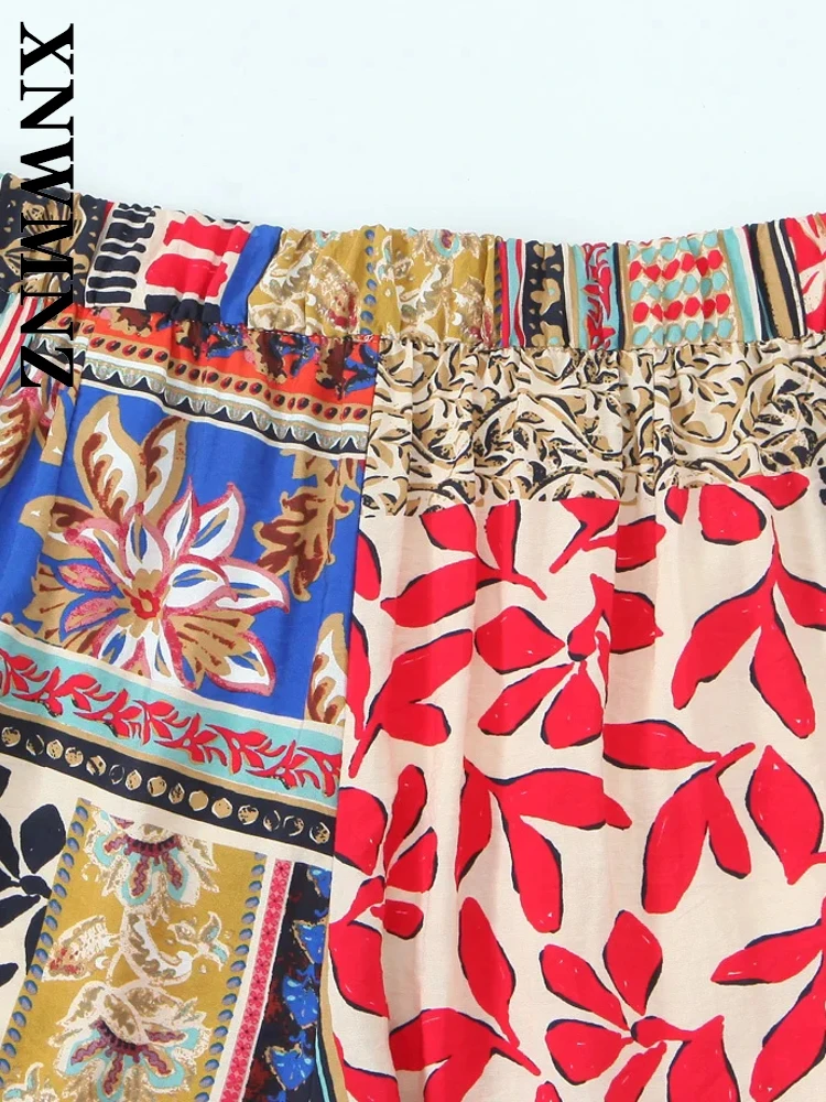 XNWMNZ 2025 Summer New Female Trendy High Waist Long Pants Vintage Woman's Bottoms Ruffles Regular Fit Pockets Print Patchwork