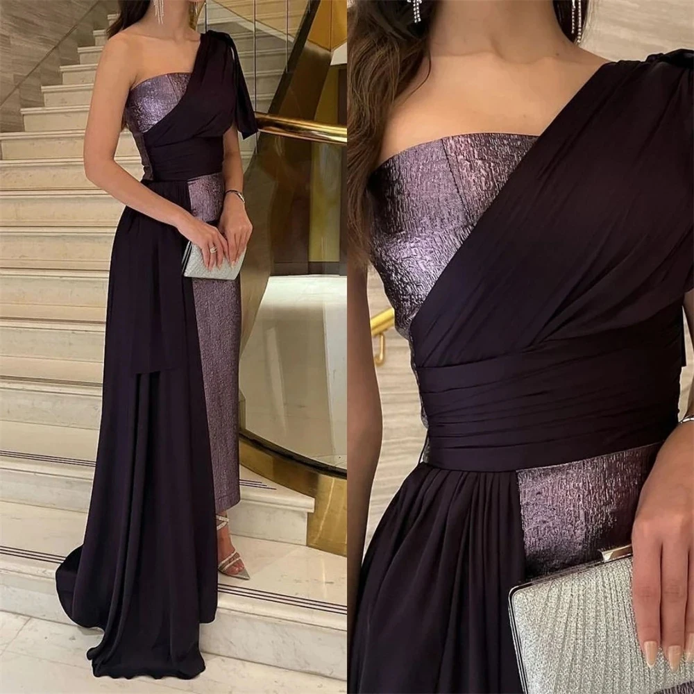 Customized Fashion elegant sparkle Prom Dress One-Shoulder stitching color With Sweep train party Gowns Pleat Sleeveless Ankle L