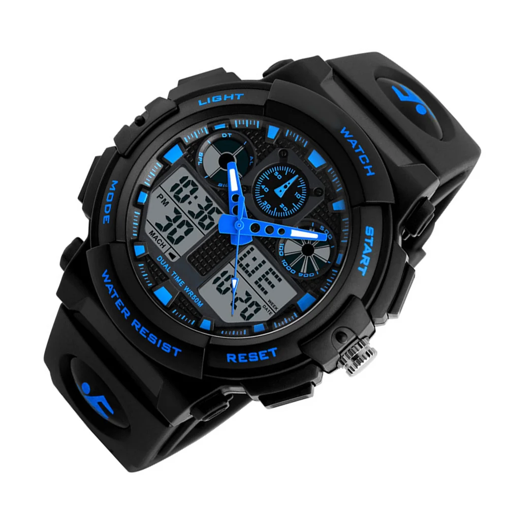 

Водонепроницаемые мужские спортивные часы, синие, военные, аналоговые, цифровые, с двойным временем, хронограф, светодиодный кварцевый механизм, модные часы для активного отдыха