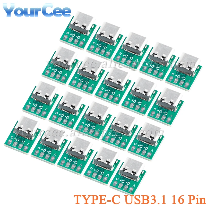 20pcs/1pc USB 3.1 Type C Connector 16Pin Female to 2.54mm Test PCB Board Adapter Socket For Data Line Wire Cable Transfer