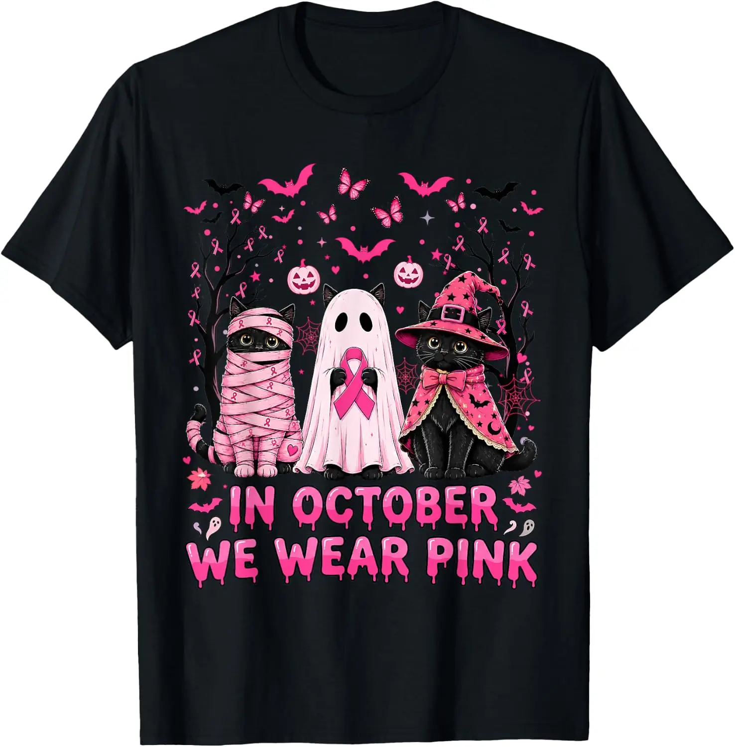 In October We Wear Pink Cat Ghosts Breast Cancer Halloween T-Shirt