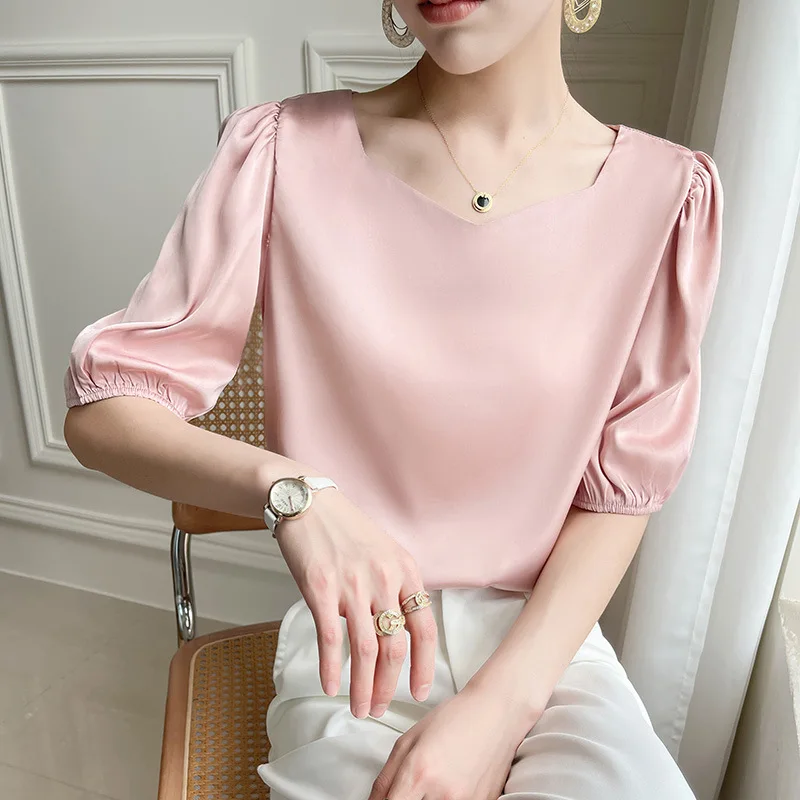 Chiffon Shirt Women's T-sleeved Shirt 2025 New Summer Beautiful Top High-end Design Niche T-shirt Five-quarter Sleeve