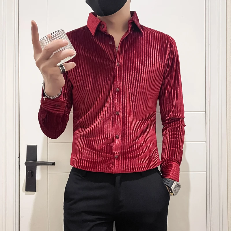 

Elegant Velvet Shirts For Men High Quality Autumn Winter Korean Luxury Long Sleeve Mens Striped Shirt Slim Fit Casual Blouses