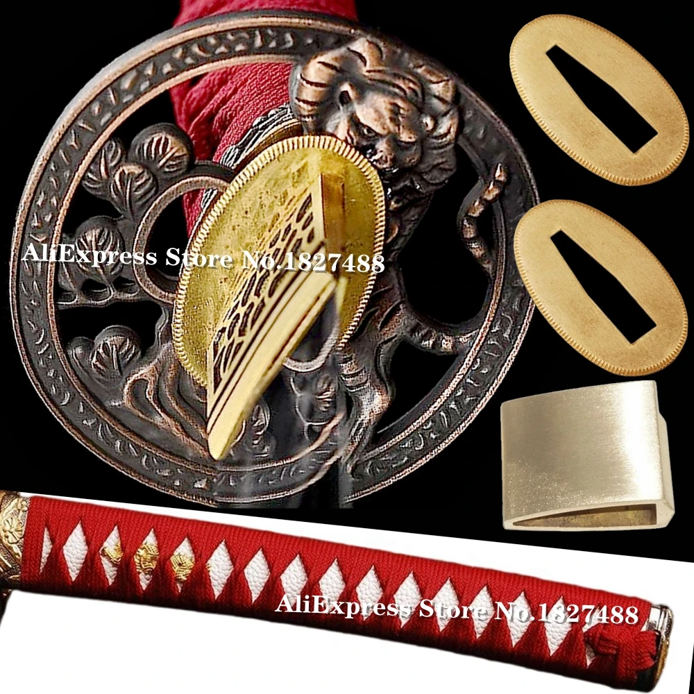 26CM*Red Ito Katana Tsuka Japanese Sword TigerTsuba Fittings Set Menuki+Fuchi+Kashira+Handle+Habaki+Seppa+Guard Accessory