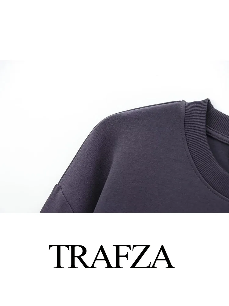 TRAFZA Women Autumn O-Neck Long Sleeve Casual Loose Hoodie Woman Fashion Three-Color Versatile Slim Pullover Sweatshirt Mujer