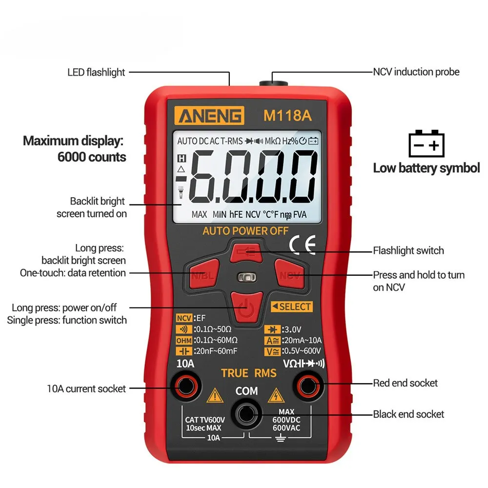 ANENG M118A Digital Mini Multimeter Tester with NCV Data Hold 6000counts Auto Mmultimetro True Rms Tranistor Meter