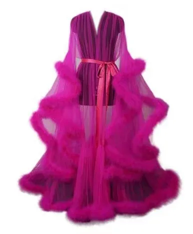 Sexy Feather Perspective Flared Sleeve Trailing Long Dress with Multiple Colors Available Mesh Women's Loose Pregnant Dress