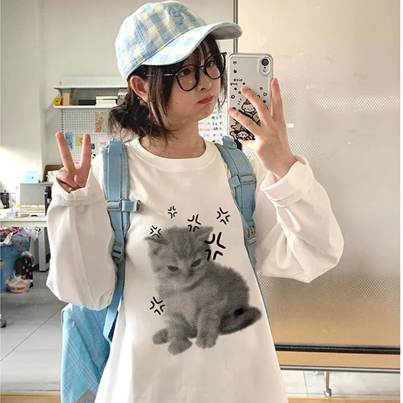 Angry Cat Printed White Long Sleeve T-shirt for Women Autumn Fashion Street Bottom Shirt Casual Oversize Women Clothing Y2k