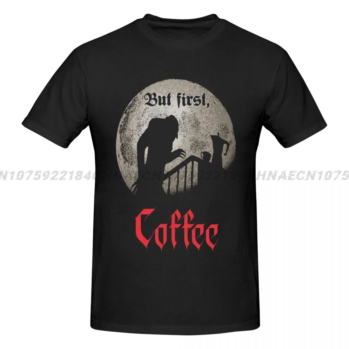 Nosferatu But First Coffee Printed T-Shirt Funny Mens Short Sleeve Loose Oversized Tees