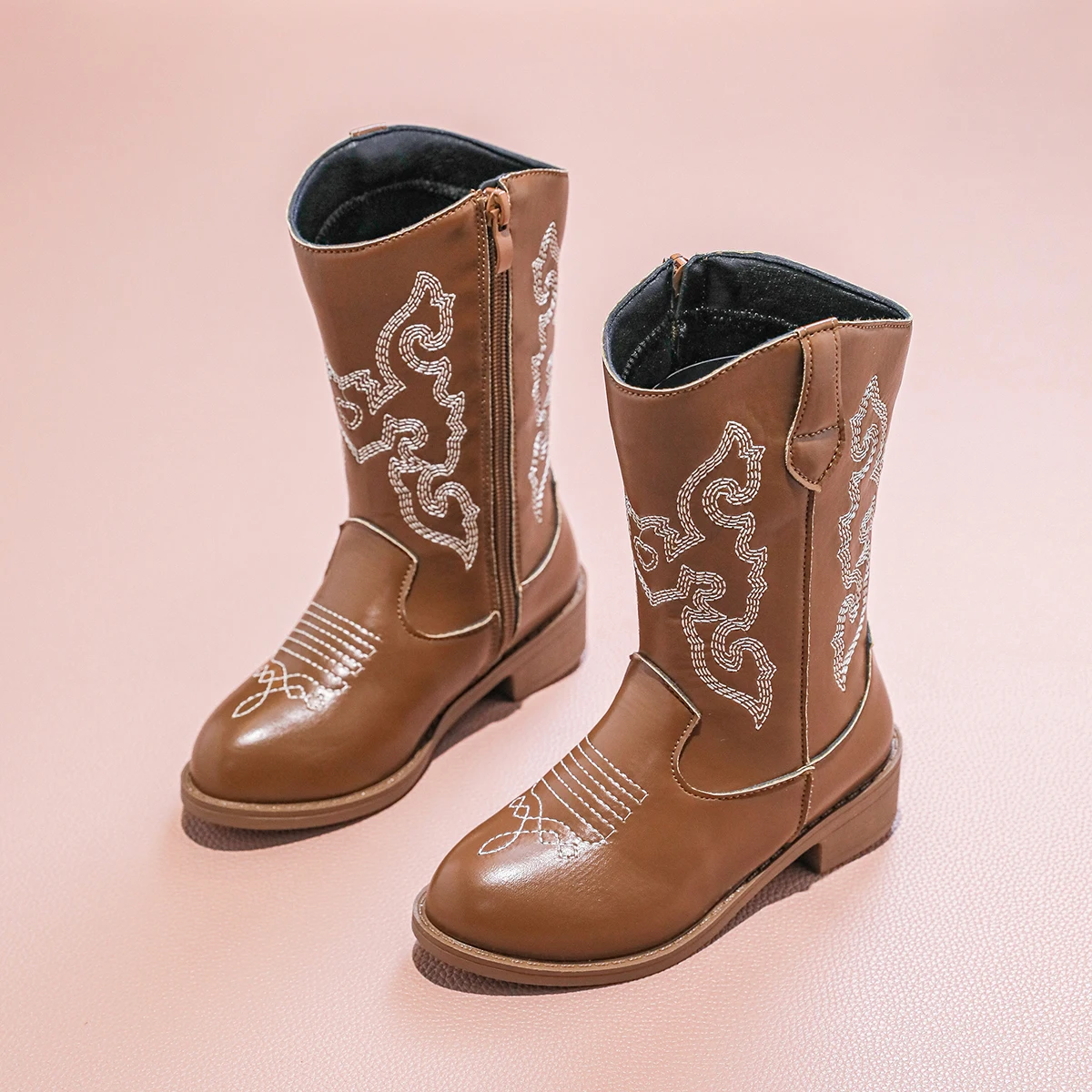Leather Cowboy Ankle Boots for Girls 2025 New Autumn Winter Kids Mid-calf Boots Non-slip Side Zip Simple Retro Kids Casual Boots