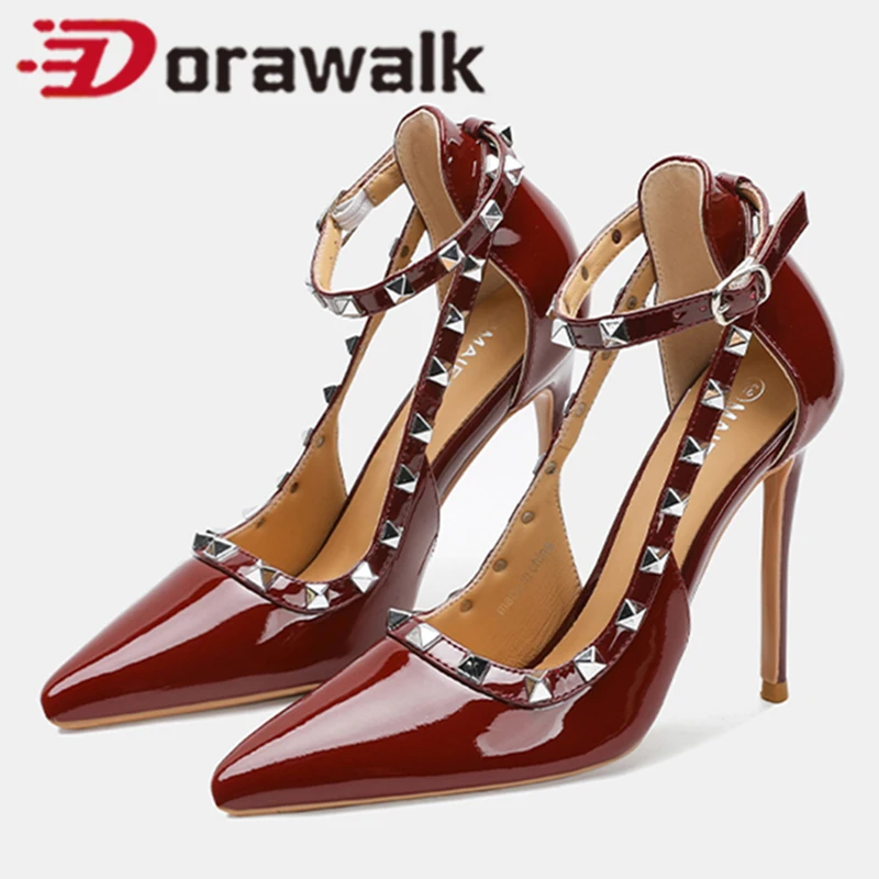 

Glossy Patent Wine red 12cm Ladies Rivet Genuine Leather High Quality High Heels Pointed Toe Pumps Dress Shoes Szie44 45 46