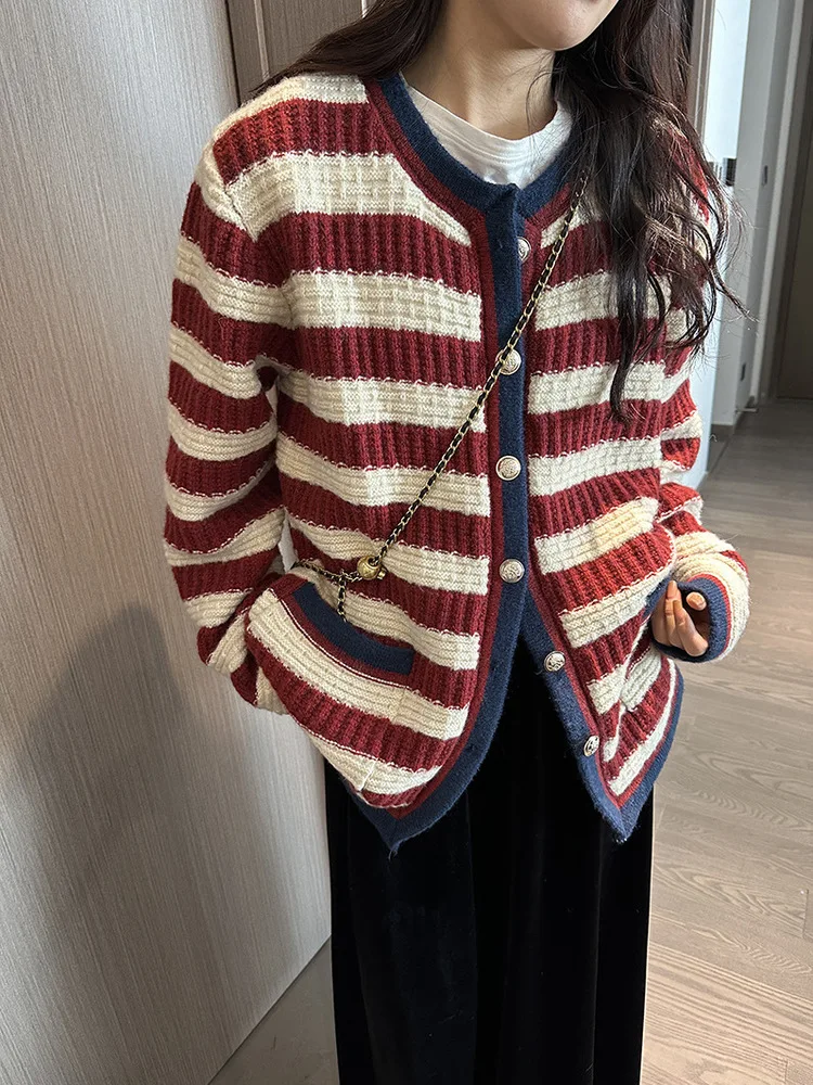 

Vintage Fashion Red Stripe O Neck Casual Cardigan Sweater Tide All Match Knitwear Women 2024 Spring Autumn X784