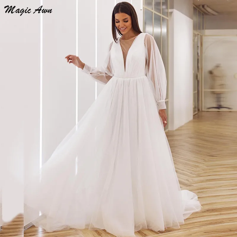 

Magic Awn Long Sleeves Tulle Wedding Dresses Boho Illusion White Simple Pearls Beaded Bridal Gowns Lace-Up Back Vestidos Novia