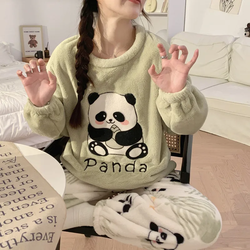 

Kawaii Pajamas Set For Women Sleepwear Winter Warm Nightgown Cute Panda O Neck Flannel Home Clothes Young Femme Pyjama Suit