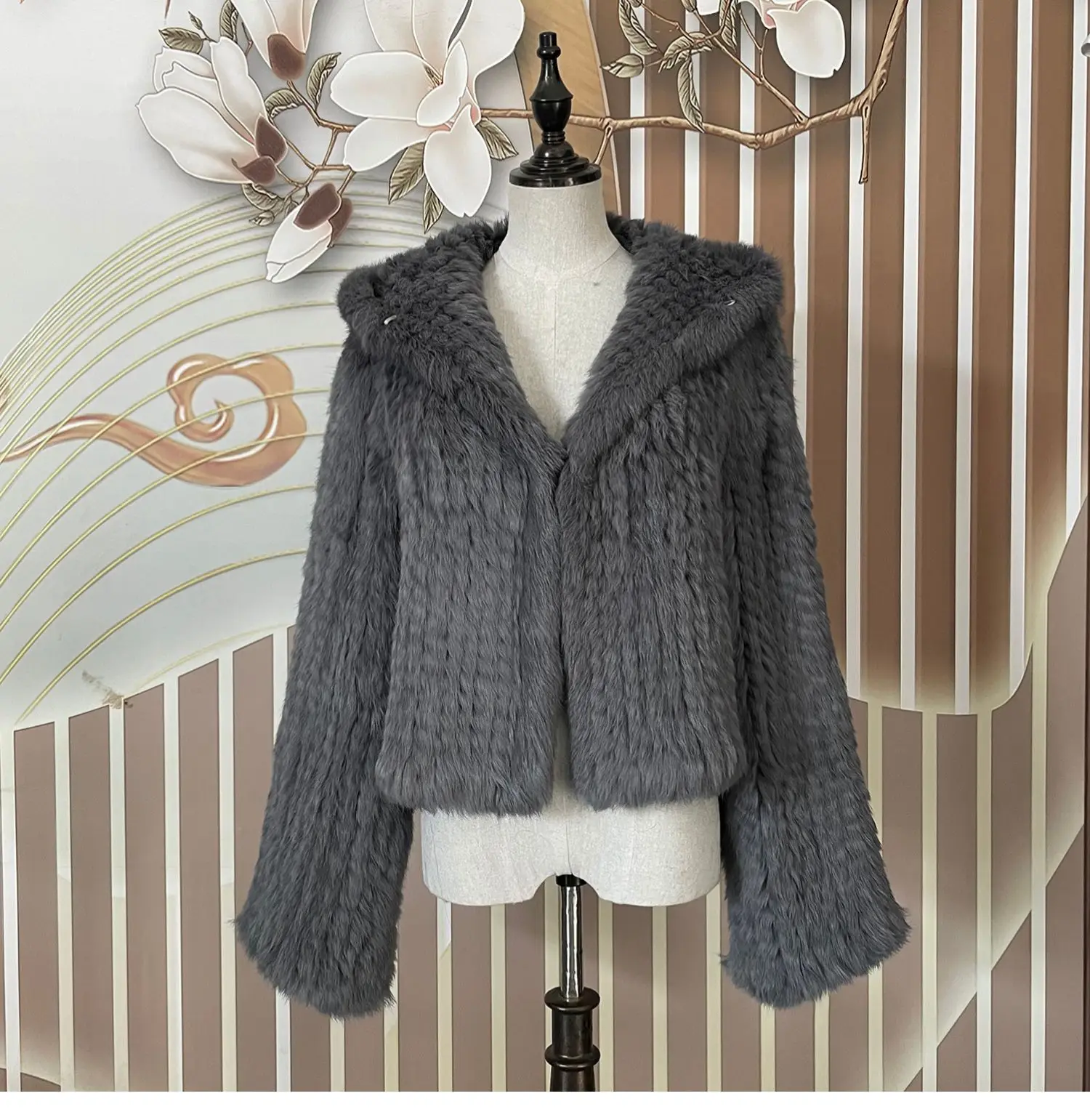 Long Sleeve Casual Loose Knitted Real Rabbit Fur Hooded Coat Women Genuine Natural Rabbit Fur Outwear Female Fur Jacket