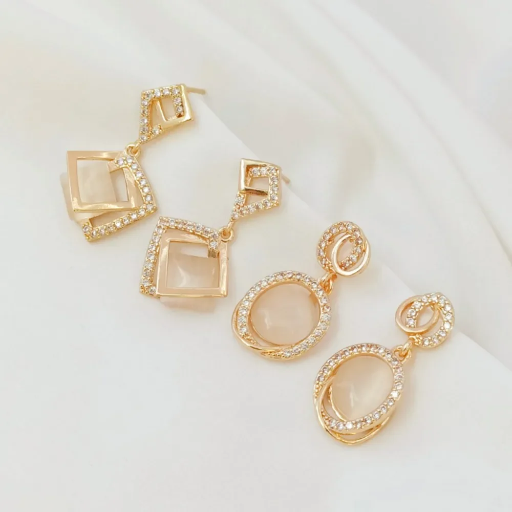

14K Gold-plated, Zircon, Sticky Cat's Eye Geometric Style Earrings, Square and Oval S925 Stud Earrings