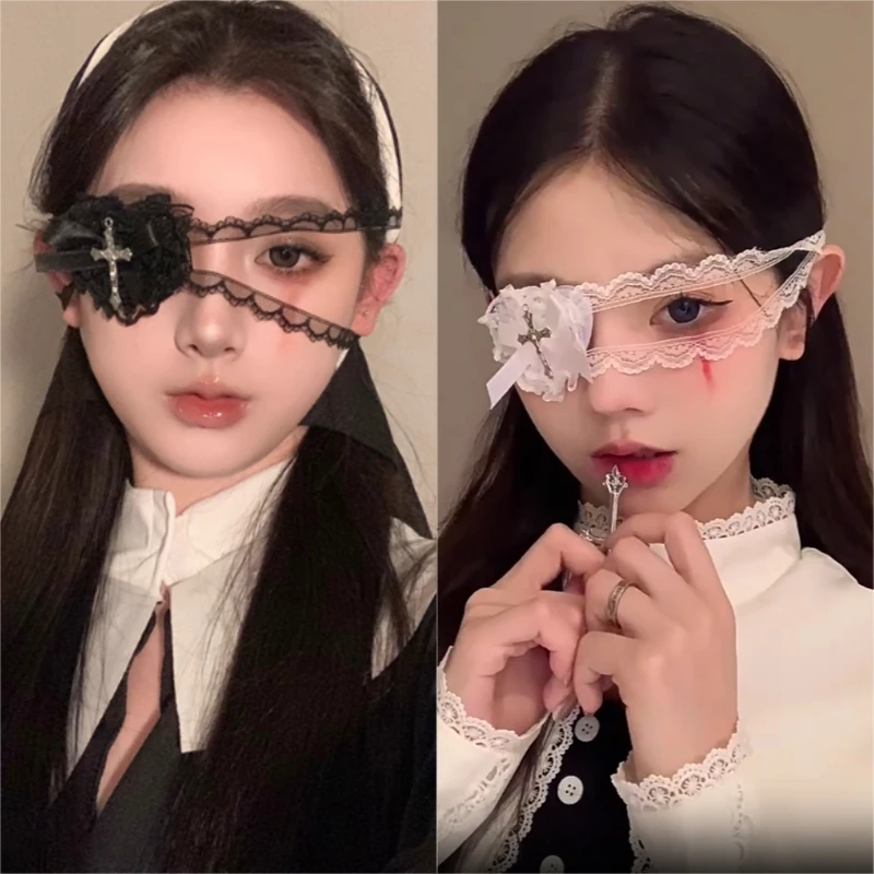キュートな蝶結びクロスハートレースアイマスク 女性用 ハロウィン 修道女コスチュームアクセサリー ダークゴシックスタイル メイドコスプレ小道具 ロリータアイマスク