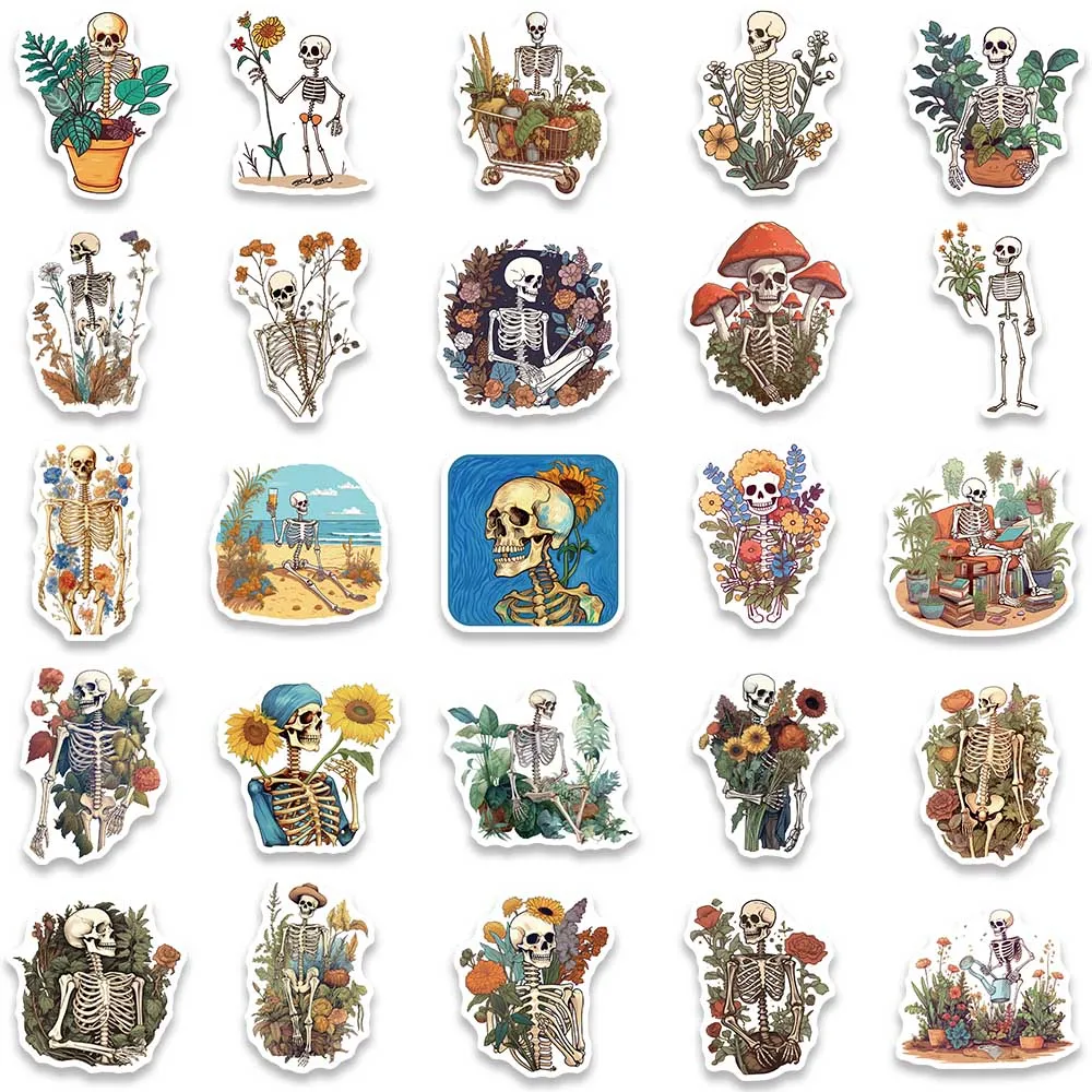 50pcs Cool Retro Cartoon Flower and Skeleton Aesthetic Stickers Waterproof Graffiti For Luggage Laptop Phone Guitar Decals