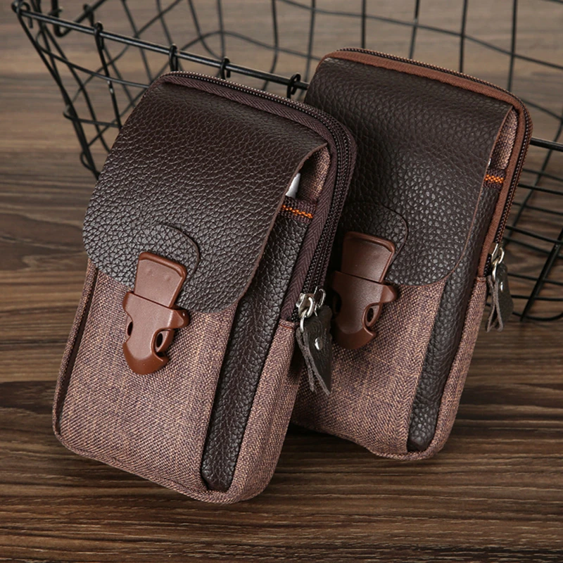 Men's Mobile Phone Bag Fashionable 6.5-inch PU Leather Double Zipper Durable Male's Waist Bag Coin Purse