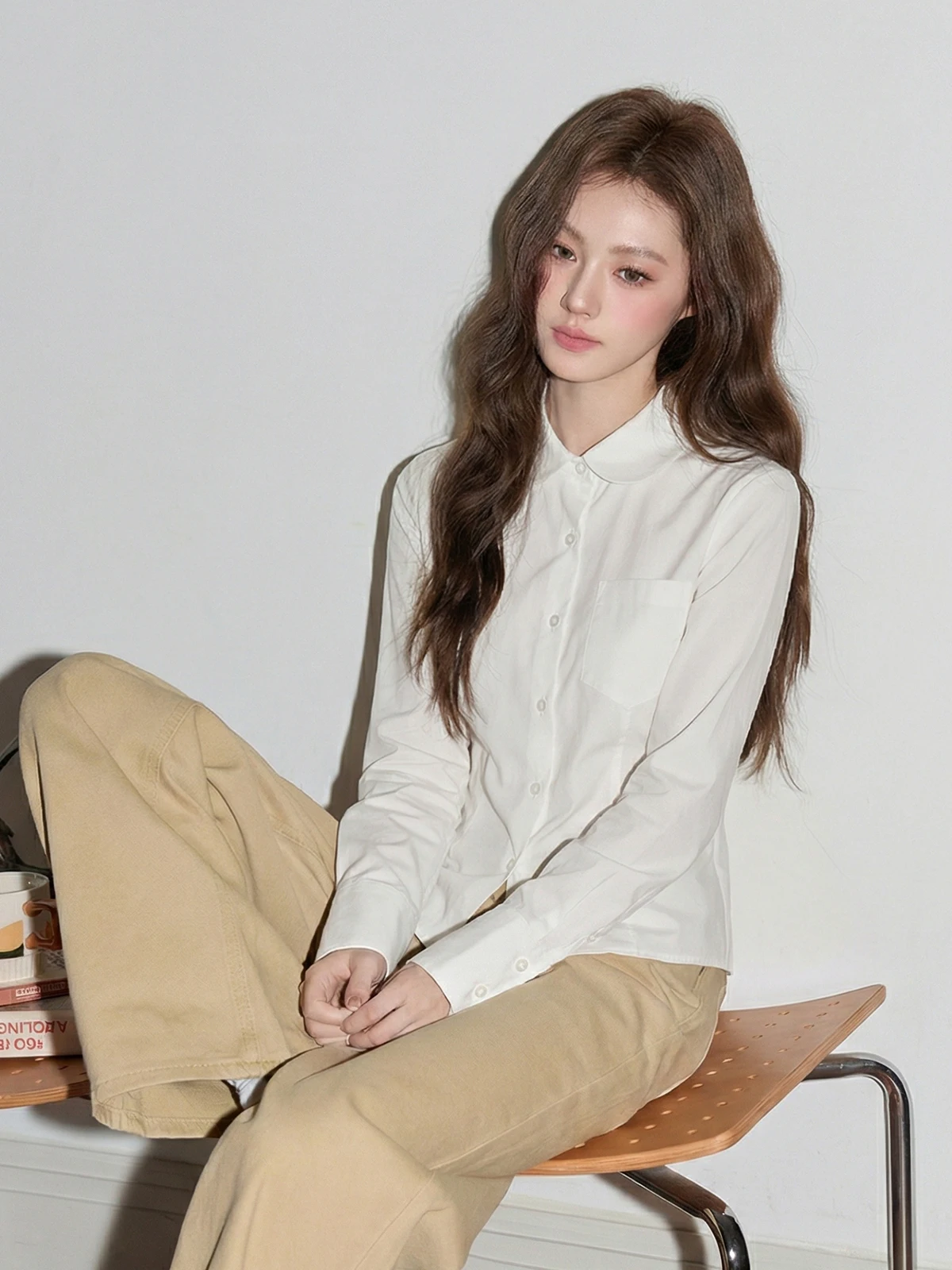 

Loose Korean Sle White irt Women's Spring New Design Sensation Small Cro Lazy irt Ele Top Turn-down Collar Fem