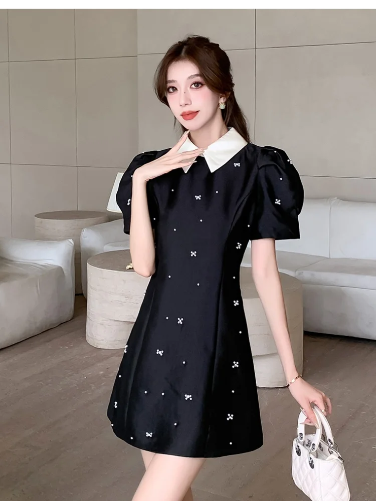 New Fashion Black Luxury Shiny Diamond Party Dress Women Sweet Spliced White Lapel Puff Short Sleeve Summer Princess Dress