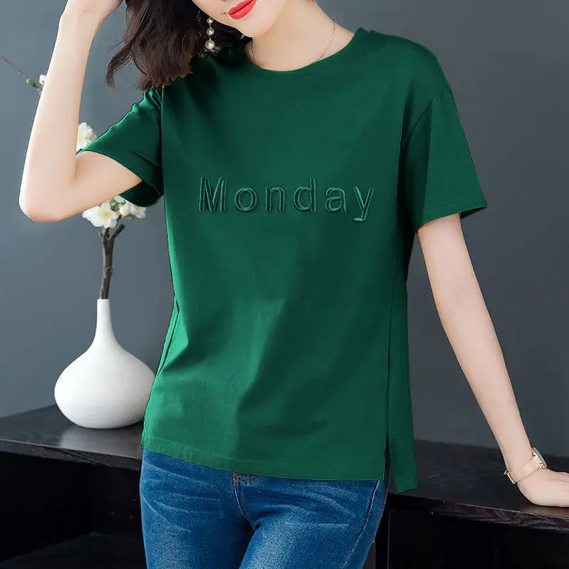 Short-sleeved T-shirt  Women Loose Large Size Women's Clothing to Make Middle-aged Mother Embroidered Top