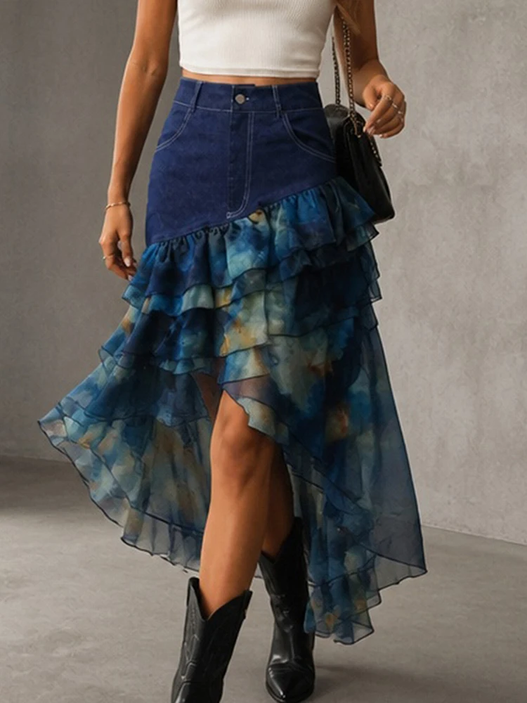 Women Vintage Denim Midi Skirt High Waist Tie Dye  Patchwork Chiffon Tiered Ruffle Irregular Asymmetrical Hem Summer Boho Skirt