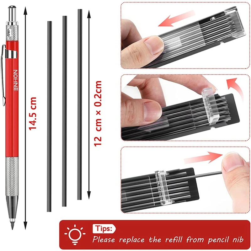 Welders Pencil With 12PCS Silver Streak Refills, Metal Marker Mechanical Welding Pencil Pipefitters, Fabrication, Red