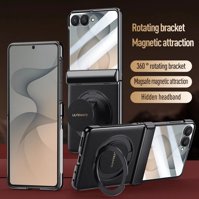 Metal Magnetic Stand With Wrist Strap 2-in-1 Case For Samsung Galaxy Z Flip 8 Spring Hinged Front Glass Screen Protector Cover