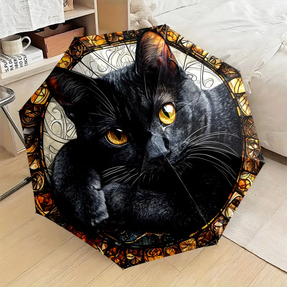1PC Elegant Black Cat Design on Umbrella Adds Artful Charm Print 8 Iron Ribs Folding Umbrella Auto-Open Fashion Sunshade