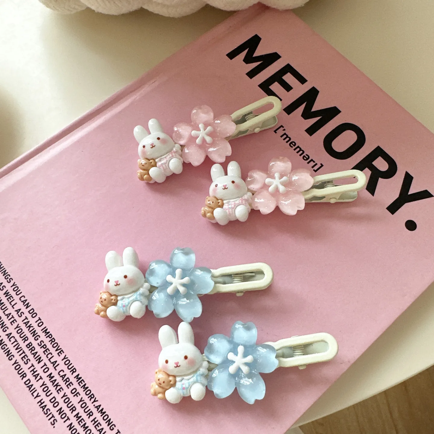 Cute Cherry Blossom Bunny Hair Clips Side Clips for Bangs Flyaway Hair Sweet Girl Kids Premium Resin Lightweight Pink