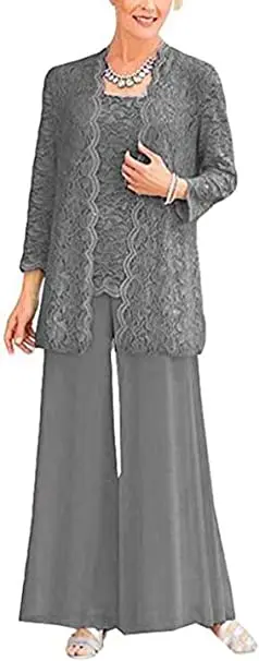 Lace Mother of the Bride Dresses 3 Pieces Long Sleeve Wedding Chiffon Pantsuit Wide Leg Pants for Elegant Evening Party Guest