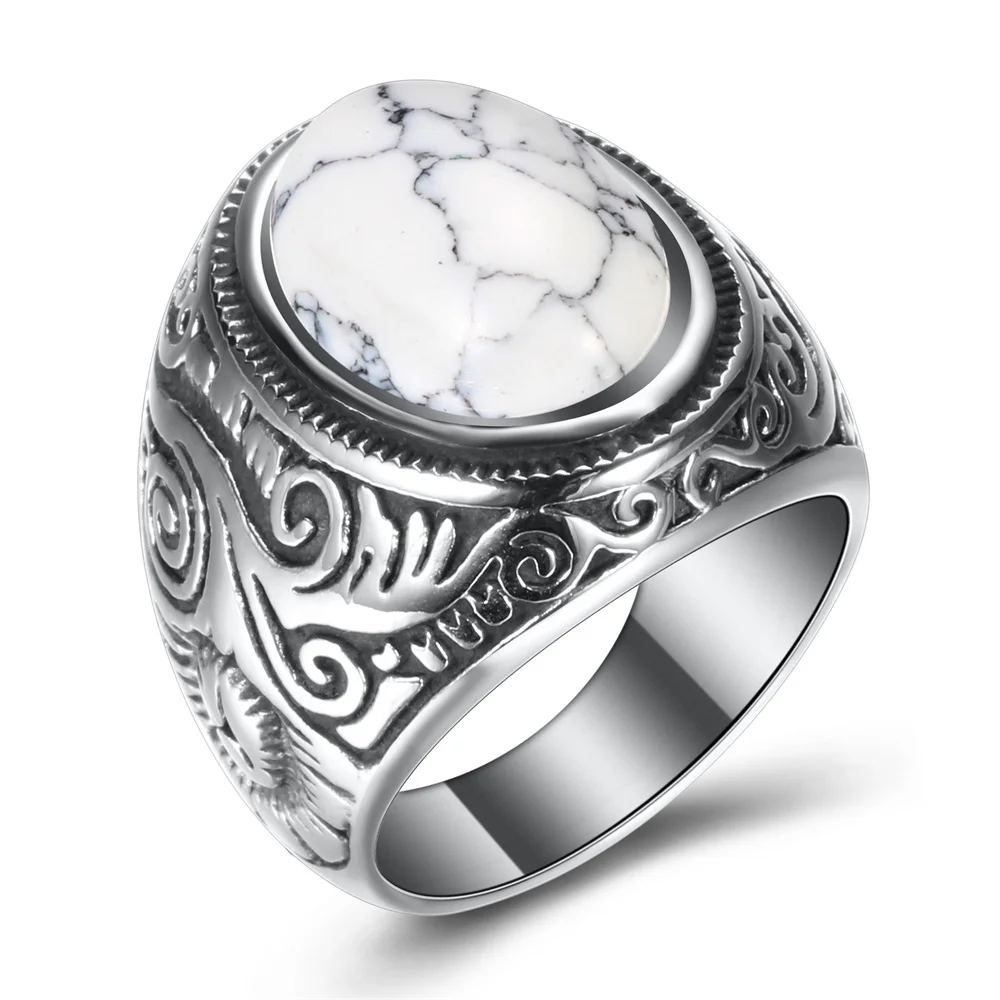 Men\'s Oval Gem Stone Stainless Steel Finger Ring US Size 7/8/9/10/11/12/13/14/15