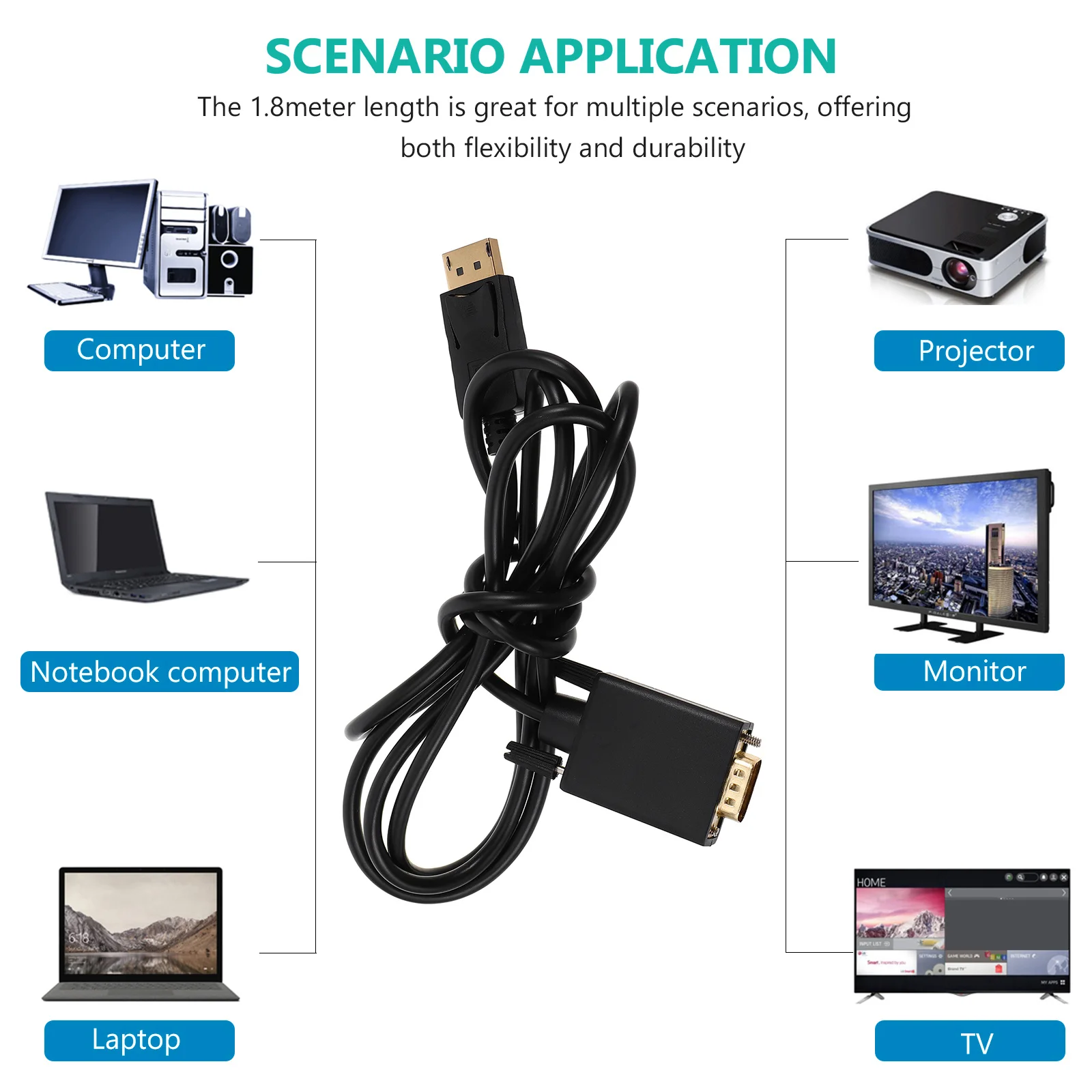 Displayport to Vga Cable 1.8m Stable Signal Converter for Desktop Laptop Monitor Projector Video Cable for 1080p Clear Display