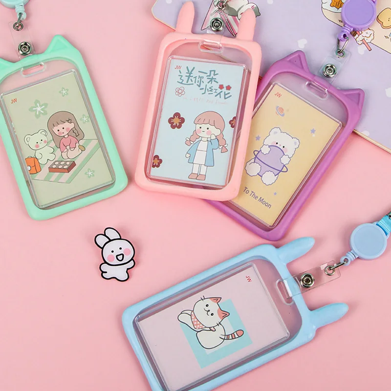 1PC Cute Cartoon Card Holder Bank Identity Bus ID Card Holder Case with Retractable Reel Lanyard Credit Cover Case Kids Gift
